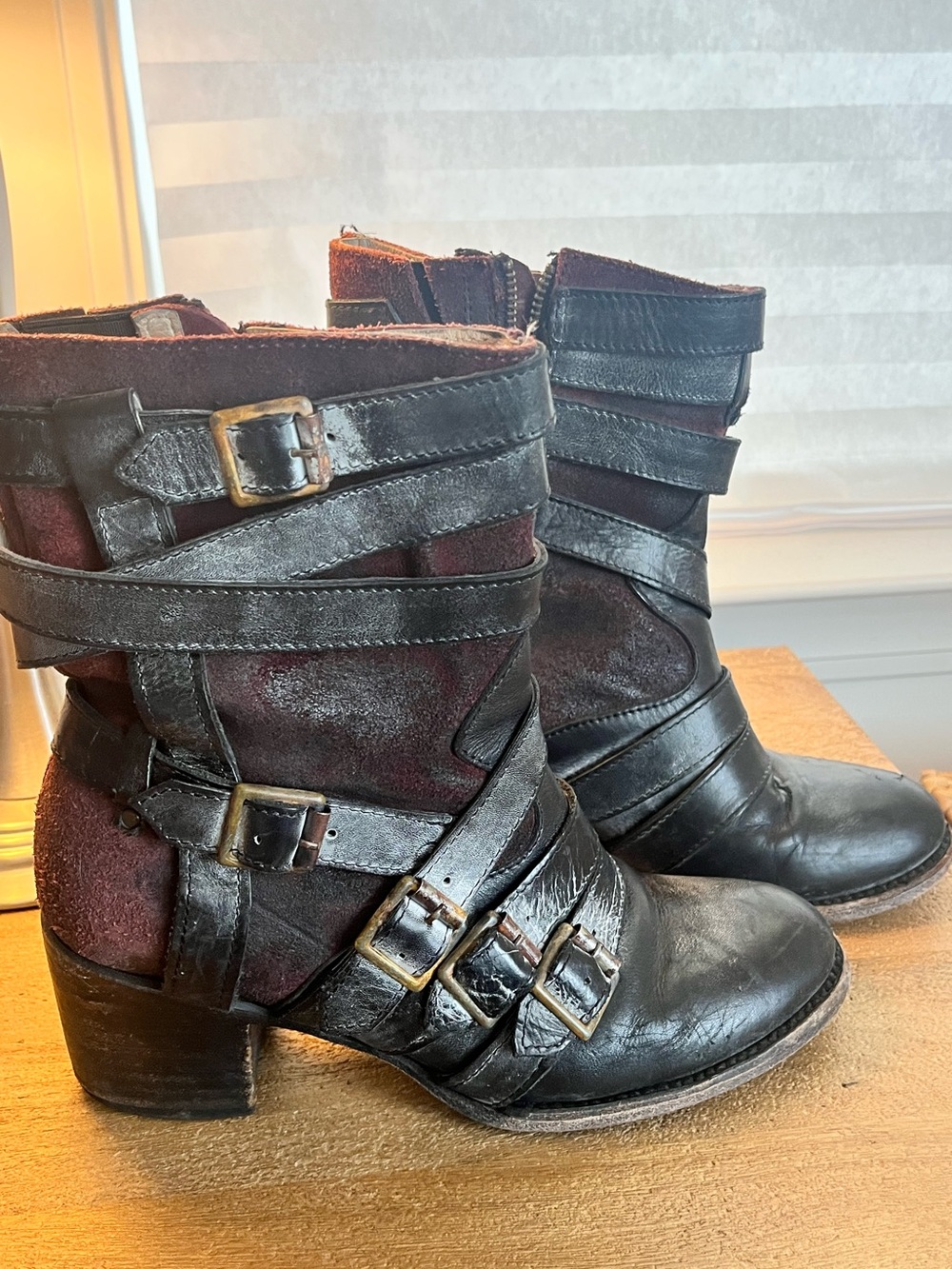 Freebird Black and Burgundy Buckle Leather Ankle Boots